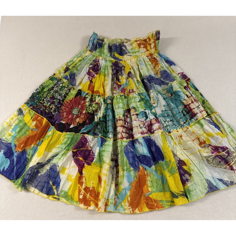 Chaundry Boho Peasant Skirt Patchwork Vibrant Colors Resort Vaca Floral Tiered